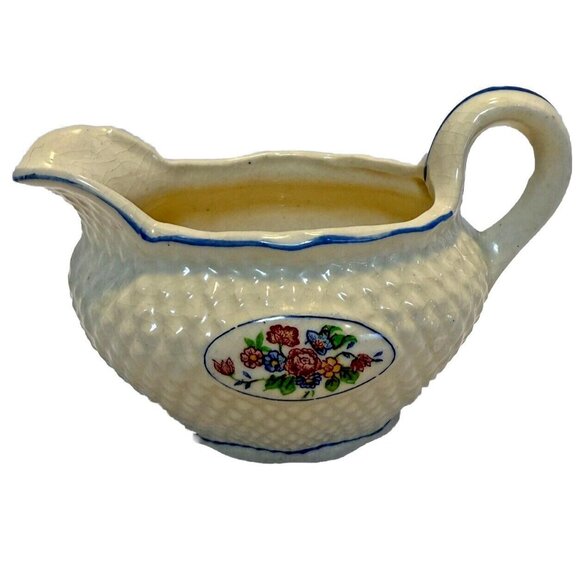 Vintage Japan K Porcelain Creamer Basket Weave Blue Trim Floral 1950s - Picture 1 of 7